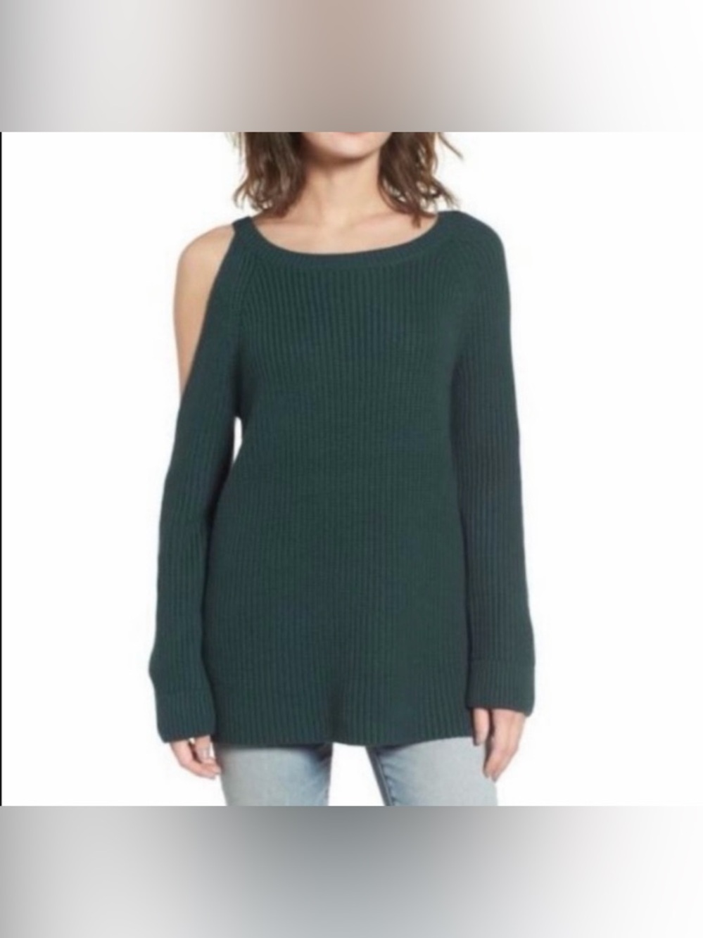 Treasure & Bond Dark Green Off-Shoulder Ribbed Sweater